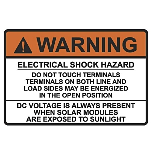 DECAL WARNING  ELECTRIC SHOCK HAZARD DC VOLTAGE PRESENT 50PK 3.75 X 2.5 ORANGE AND WHITE