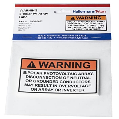 DECAL WARNING  BIPOLAR PV ARRAY 10 PACK 3.75 X 2 ORANGE AND WHITE